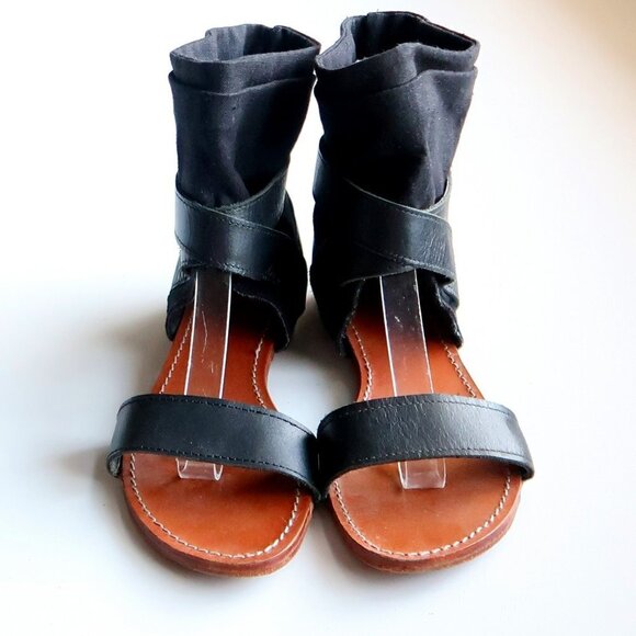 Mellow Yellow Black Leather & Linen Flat Gladiator Sandals Open Toe Summer Shoes - Picture 13 of 16